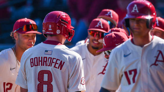 Razorbacks celebrate homer by Jace Bohrofen against Little Rock on Wednesday